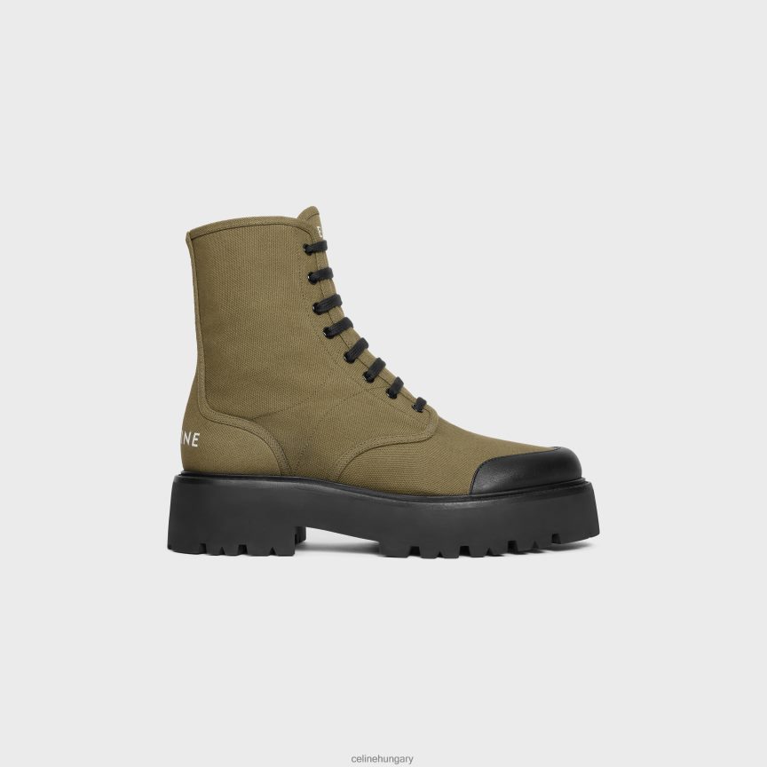 cipő CELINE terjedelmes fűzős csizma vászonból és fényes bikabőrből khaki/fekete férfiak J6P4882037