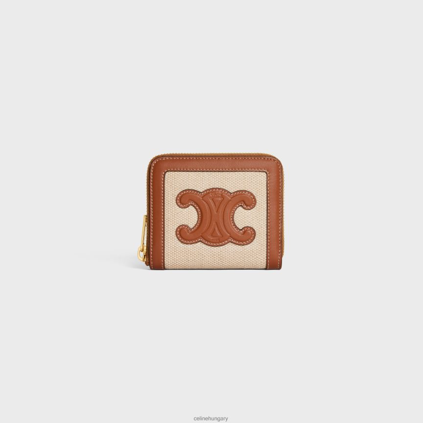 kiegészítők CELINE kompakt cipzáras pénztárca, triumfó textilből és borjúbőrből természetes/barna nők J6P488474