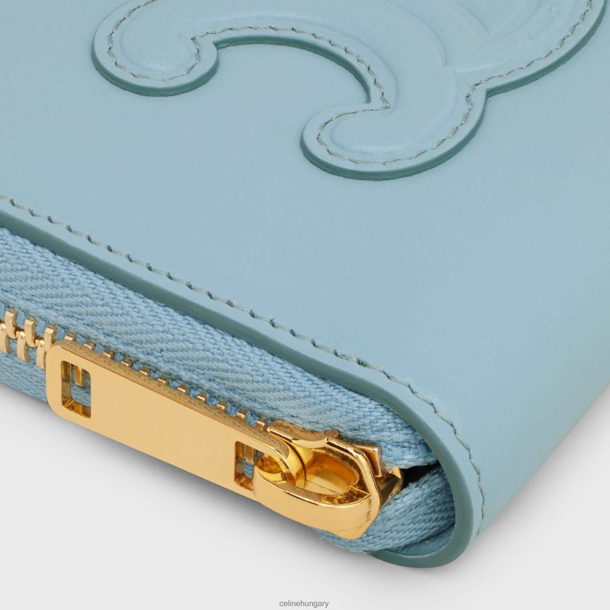 kiegészítők CELINE sima borjúbőrből készült kompakt cipzáras pénztárca kaliforniai kék nők J6P488471