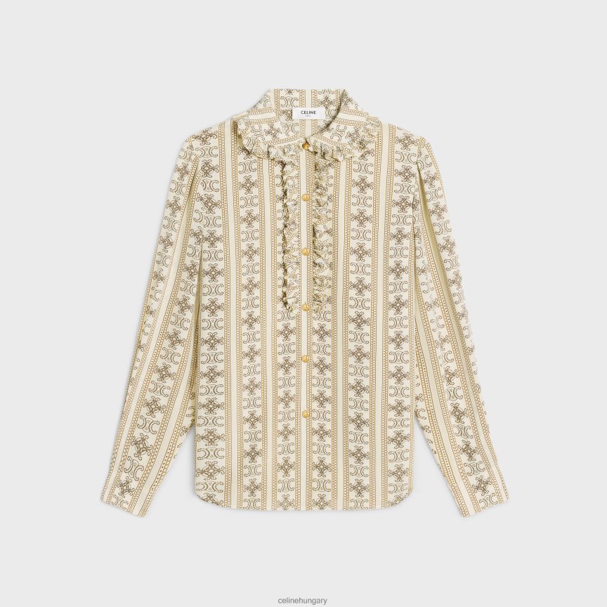 ruházat CELINE fodros blúz krepp de chine-ből elefántcsont/karamella/marron glace nők J6P488578